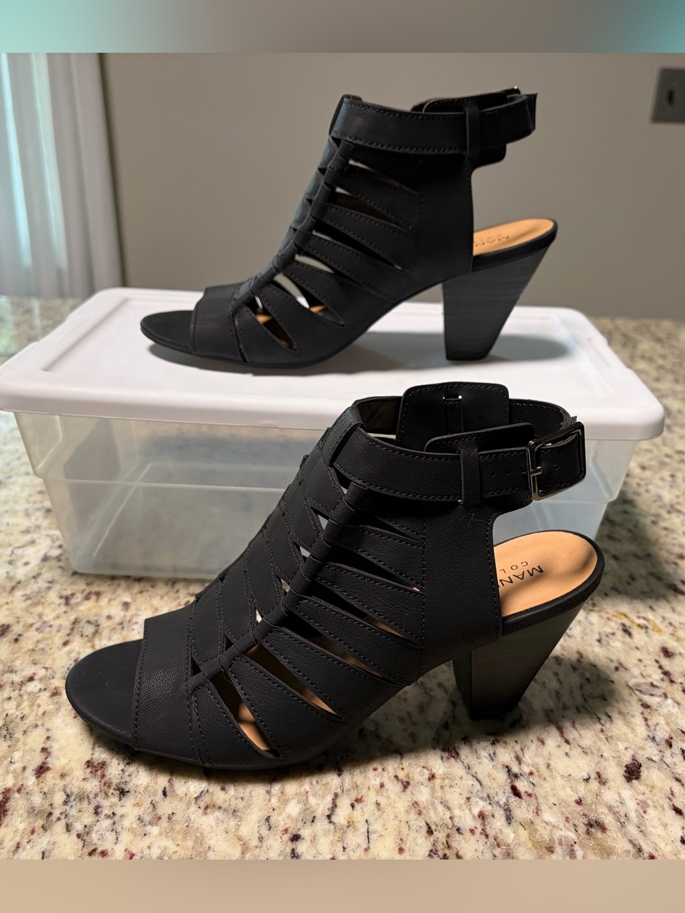 Black Strappy Cutout Ankle Buckle Heels